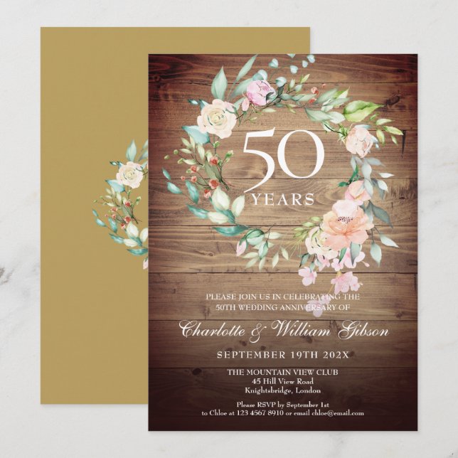 Invitación 50.º Boda Aniversario de la Flora de Rosas Rústico (Anverso / Reverso)