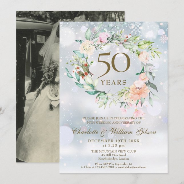 Invitación 50.º Boda Aniversario de la foto Floral de inviern (Anverso / Reverso)