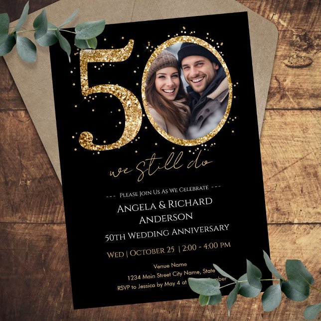 Invitación 50.º Boda Aniversario de la foto Purpurina de oro (Subido por el creador)