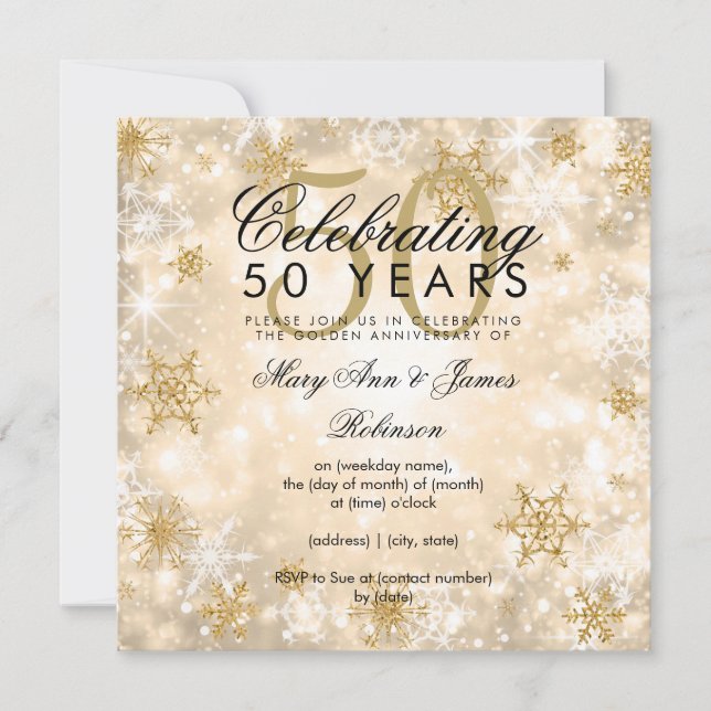 Invitación 50.º Boda Aniversario del invierno Esparkle Gold (Anverso)
