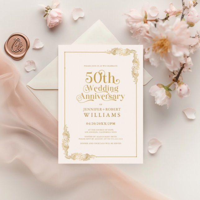 Invitación 50.º Boda Aniversario del Marco Floral de Oro (Subido por el creador)