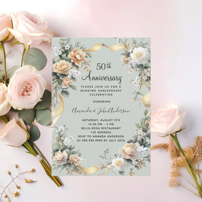Invitación 50.º boda aniversario floral amarillo oro (Subido por el creador)