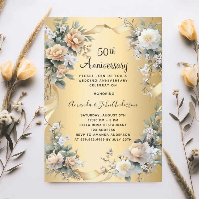 Invitación 50.º boda aniversario oro amarillo floral (Subido por el creador)