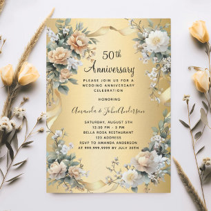 Invitación 50.º boda aniversario oro amarillo floral lujo