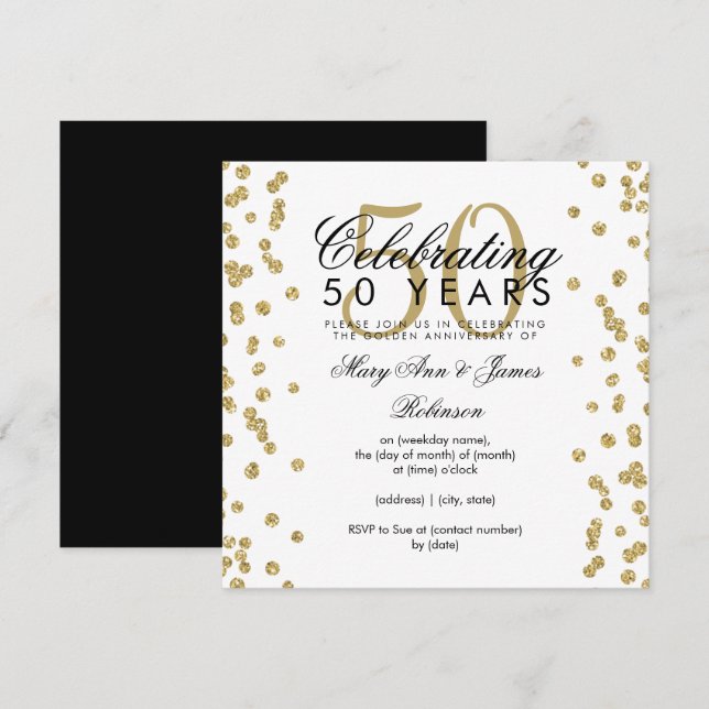 Invitación 50.º Boda Aniversario Purpurina de Oro Confetti (Anverso / Reverso)
