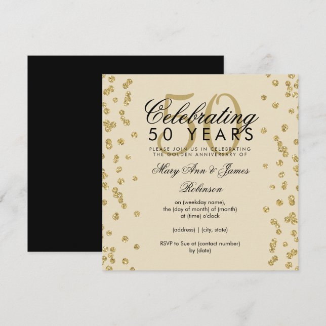 Invitación 50.º Boda Aniversario Purpurina de Oro Confetti (Anverso / Reverso)