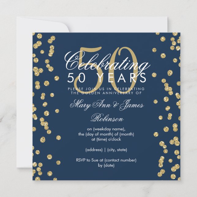 Invitación 50.º Boda Aniversario Purpurina de oro Marina Azul (Anverso)