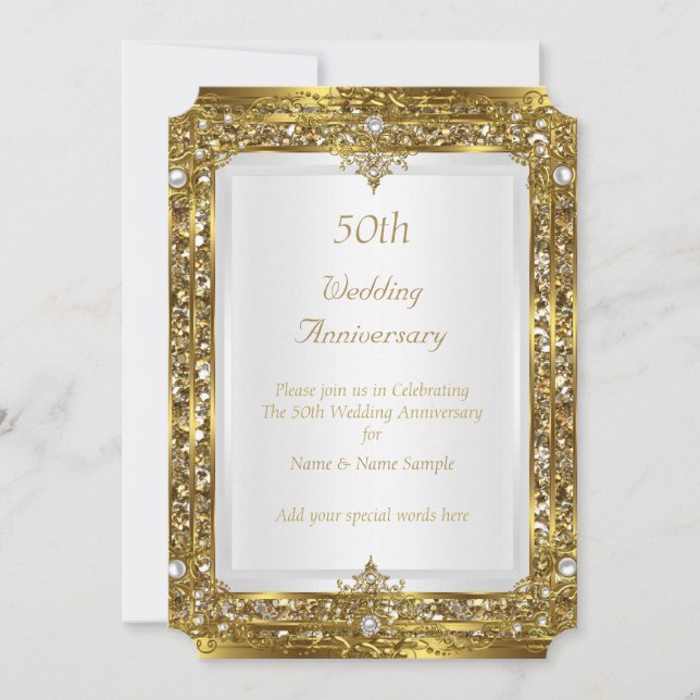 Invitación 50.º Boda Aniversario Purpurina de Oro Perla Blanc (Anverso)