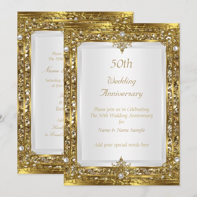 Invitación 50.º Boda Aniversario Purpurina de Oro Perla Blanc (Anverso / Reverso)