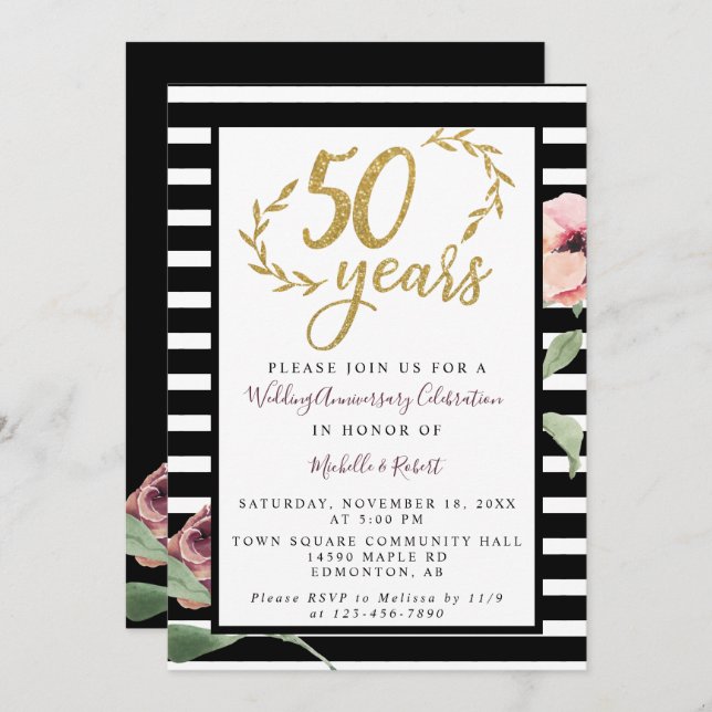 Invitación 50.º Boda Aniversario Purpurina de Oro Rosa Roja (Anverso / Reverso)