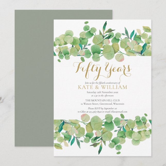Invitación 50.º Boda de Oro guión de eucalipto (Anverso / Reverso)