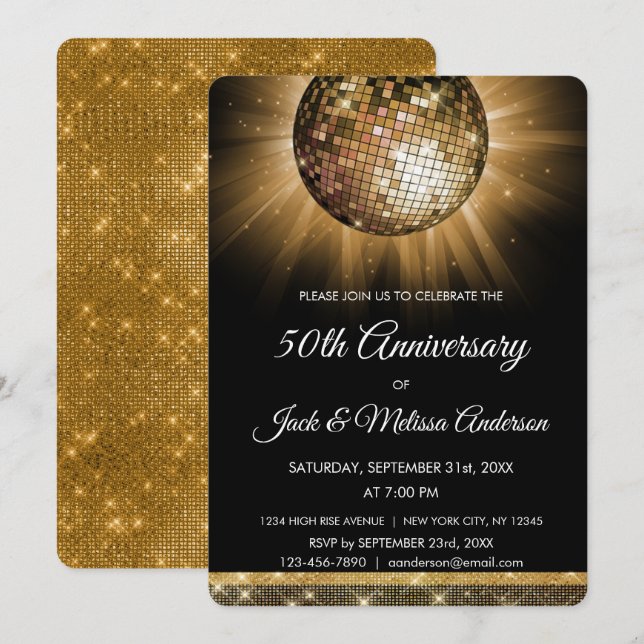 Invitación 50.º Boda Fiesta Gold Disco Ball (Anverso / Reverso)