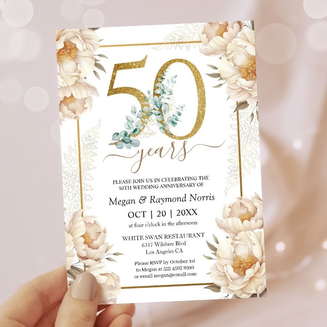Invitación 50.º Boda Fiesta Gold White Peony (Subido por el creador)