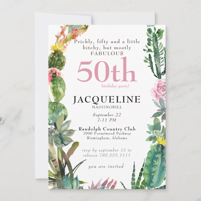 Invitación 50.º Cactus Prontamente, Bitchy y Fabuloso Cumplea (Anverso)