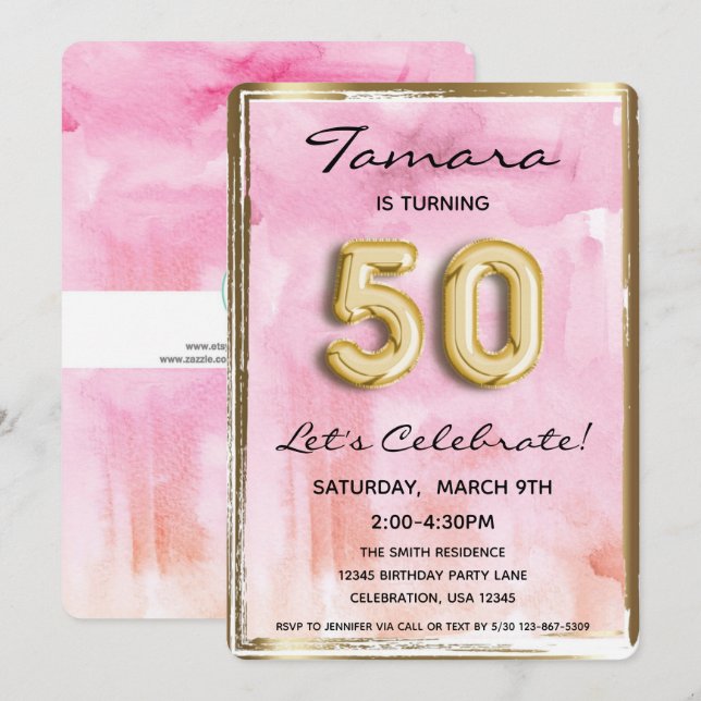 Invitación 50.º Chica Cumpleaños Rosa y Oro (Anverso / Reverso)