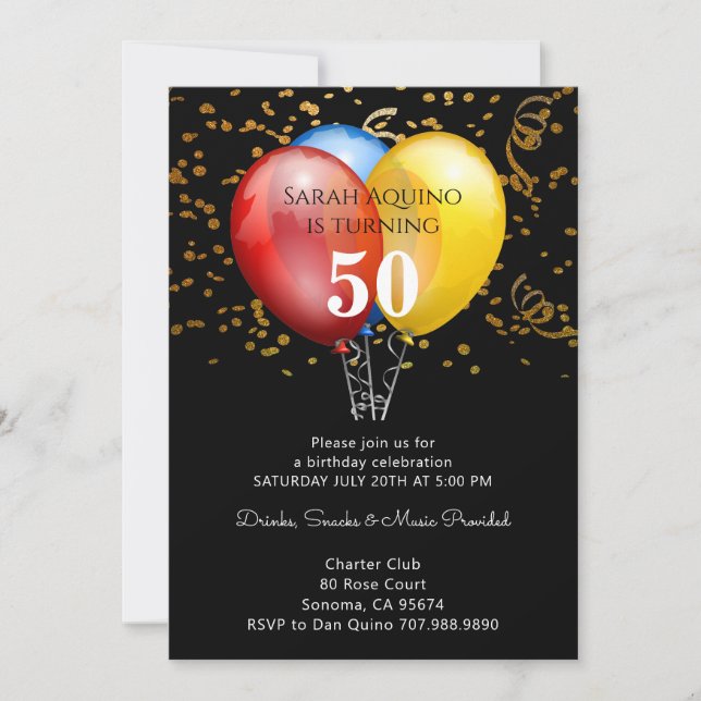 Invitación 50.º Confetti de oro de cumpleaños y globos en neg (Anverso)