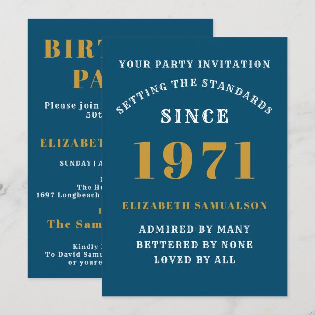 Invitación 50.º cumpleaños 1971 Oro Azul personalizado para e (Anverso / Reverso)