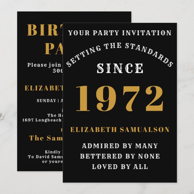 Invitación 50.º cumpleaños 1972 Añadir tu nombre Black Gold (Anverso / Reverso)