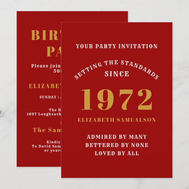 Invitación 50.º cumpleaños 1972 Red Gold Standards (Anverso / Reverso)