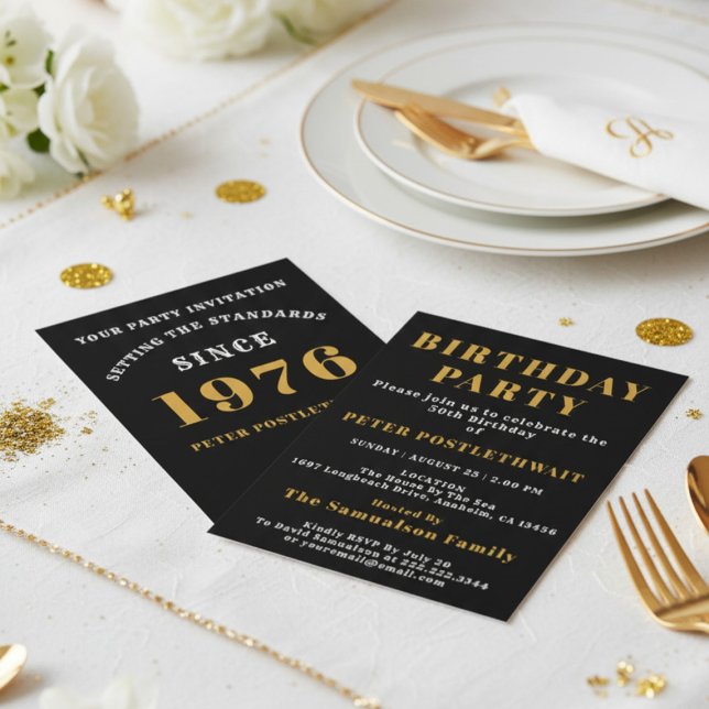 Invitación 50.º cumpleaños 1976 Oro negro personalizado para  (1976 invitation. White background.)