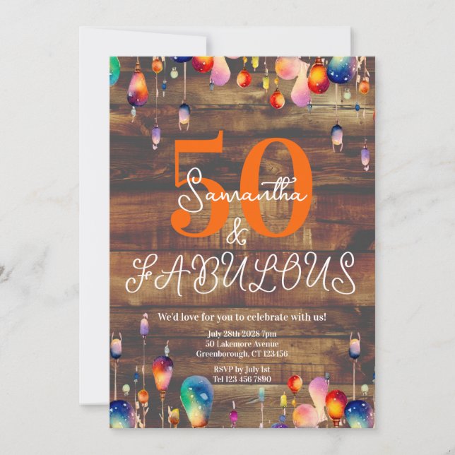 Invitación 50.º cumpleaños 50 y fabulosas luces rusticas (Anverso)
