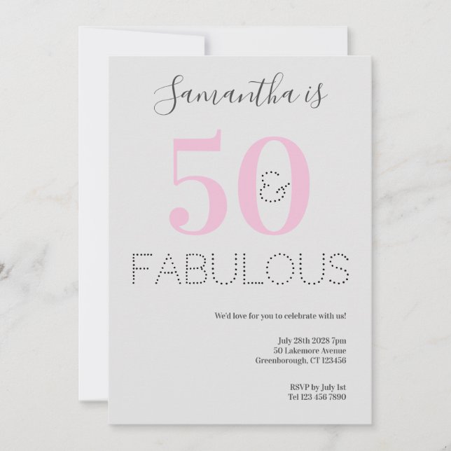Invitación 50.º cumpleaños 50 y fabuloso Fiesta gris rosado (Anverso)