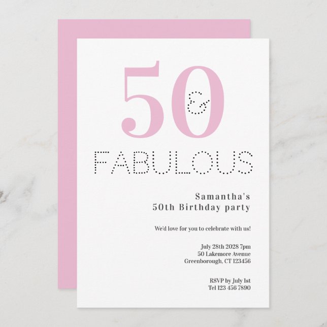 Invitación 50.º cumpleaños 50 y fabuloso Fiesta rosado (Anverso / Reverso)