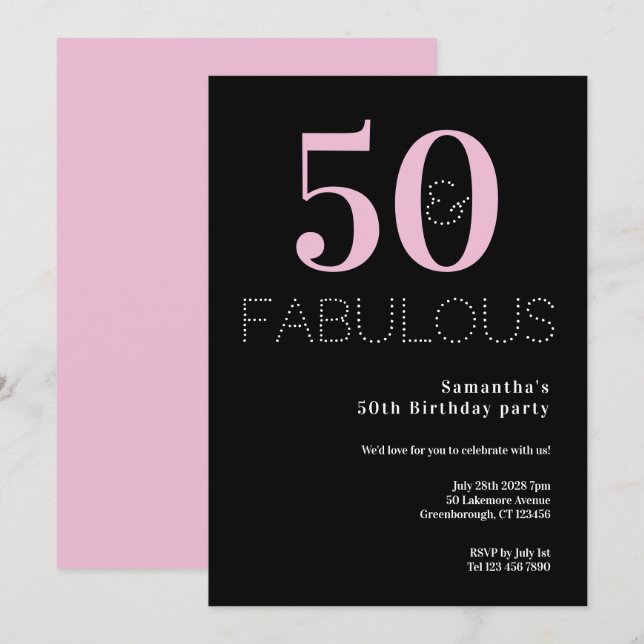 Invitación 50.º cumpleaños 50 y fabuloso Fiesta rosado negro (Anverso / Reverso)