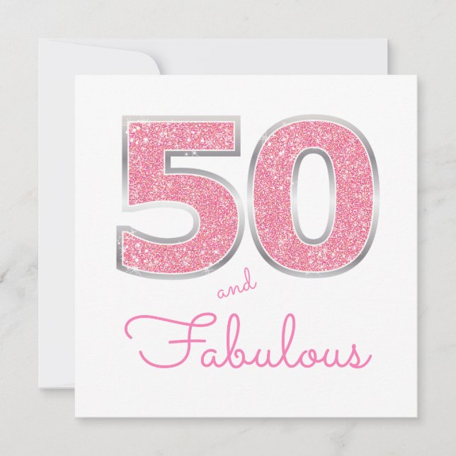 Invitación 50.º Cumpleaños 50 Y Fabuloso Purpurina Girly Pink (Anverso)