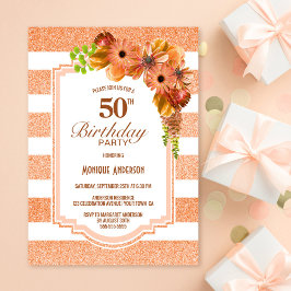 Invitación 50.º cumpleaños Apricot Fiesta floral a rayas