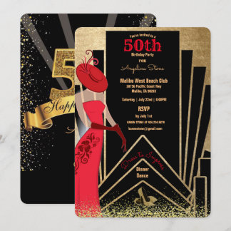 Invitación 50.º cumpleaños Art Deco Design 1920 Lady in Red I