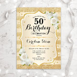 Invitación 50.º cumpleaños - Bandas de oro Rosas blancas<br><div class="desc">50.ª Invitación de cumpleaños. Elegante diseño floral en oro y blanco. Presenta franjas de oro purpurina falsas,  letra de guión elegante de rosas blancas y confeti. Perfecto para una fiesta de cumpleaños glam.</div>