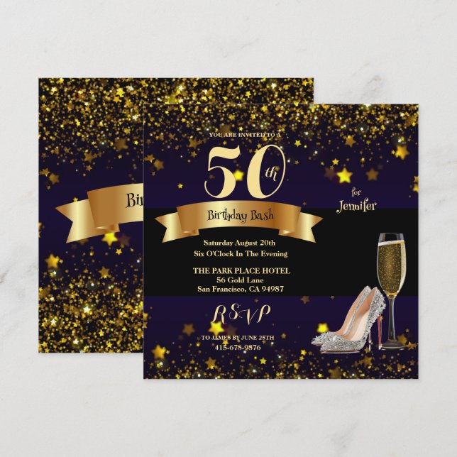 Invitación 50.º cumpleaños Bash Gold Stars Champagne Invitaci (Anverso / Reverso)