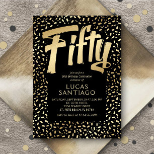 Invitación 50.º cumpleaños Black Gold Confetti