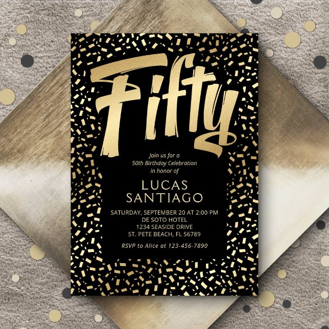 Invitación 50.º cumpleaños Black Gold Confetti (Subido por el creador)