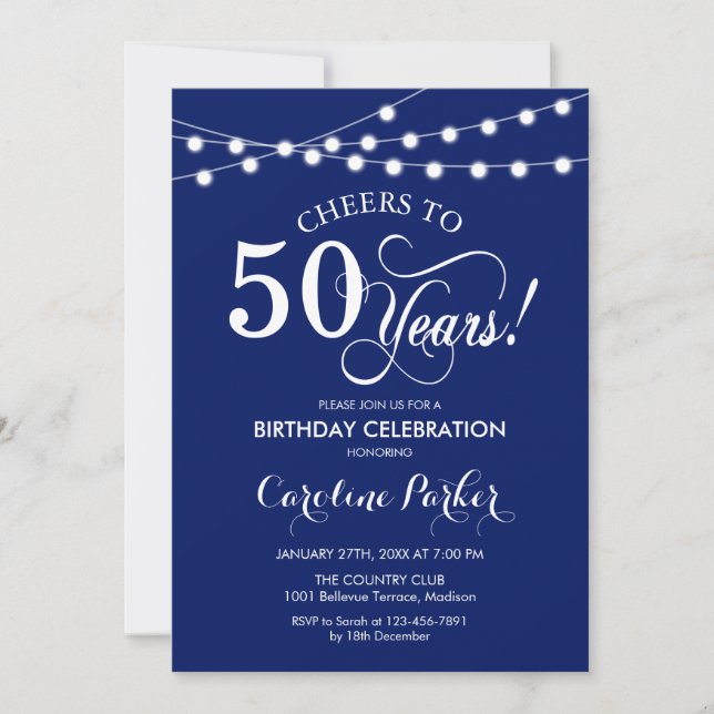Invitación 50.º cumpleaños - Blanco azul de la Marina (Anverso)