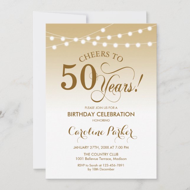 Invitación 50.º cumpleaños - Blanco de oro (Anverso)