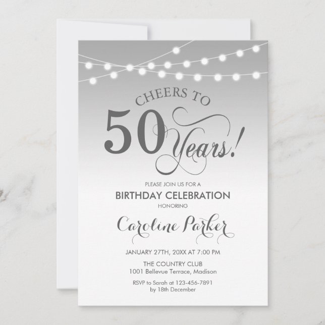 Invitación 50.º cumpleaños - Blanco plateado (Anverso)