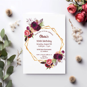 Invitación 50.º cumpleaños borgoña florales oro geométrico