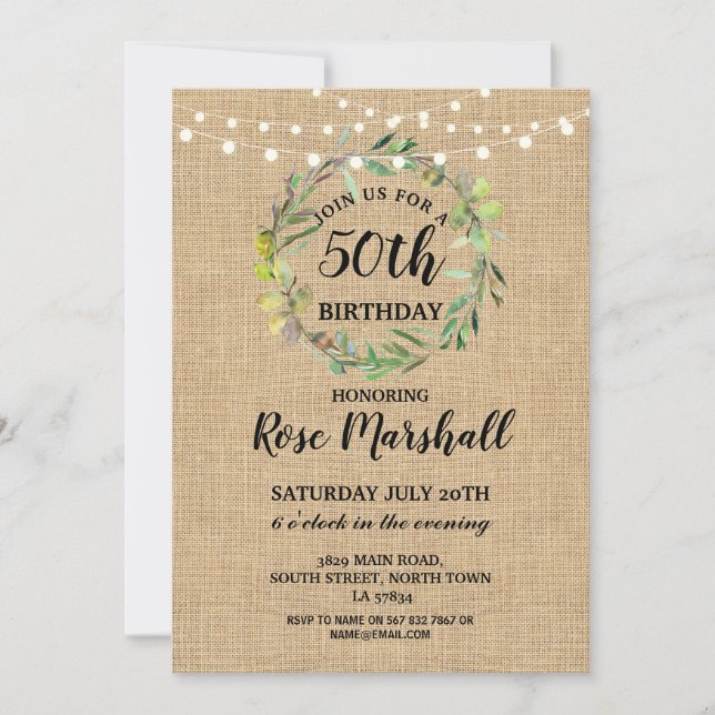 Invitación 50.º cumpleaños Burlap Greenery Wreath Invite (Anverso)