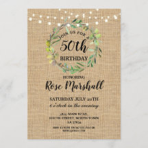 50.º cumpleaños Burlap Greenery Wreath Invite