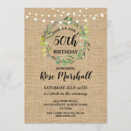 Invitación 50.º cumpleaños Burlap Greenery Wreath Invite