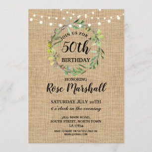 Invitación 50.º cumpleaños Burlap Greenery Wreath Invite