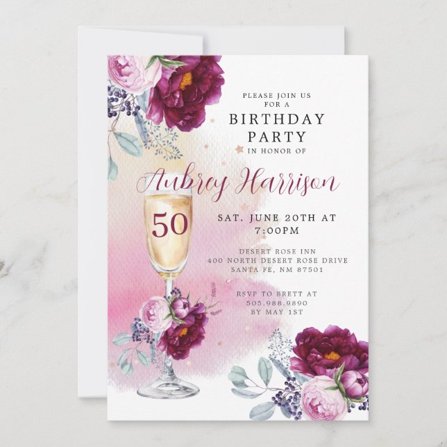 Invitación 50.º cumpleaños Champagne Glass Floral Cumpleaños (Anverso)