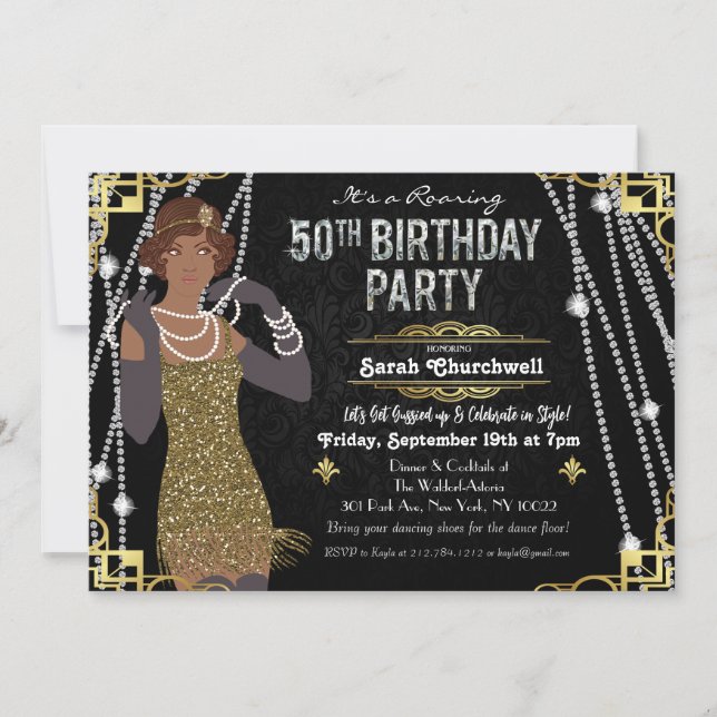 Invitación 50.º cumpleaños Chica afroamericano de Flapper (Anverso)