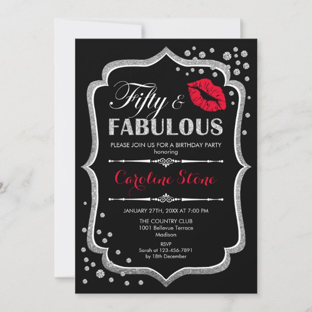 Invitación 50.º cumpleaños - Cincuenta fabulosa Plata Roja Ne (Anverso)