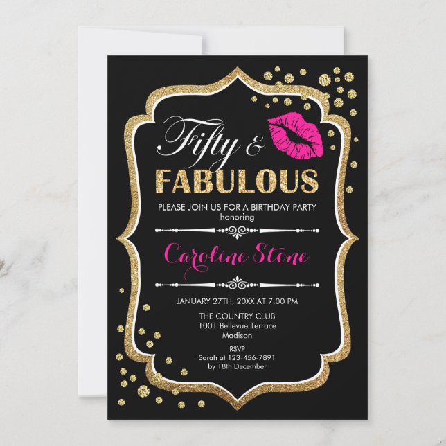 Invitación 50.º cumpleaños - Cincuenta fabulosos rosados negr (Anverso)