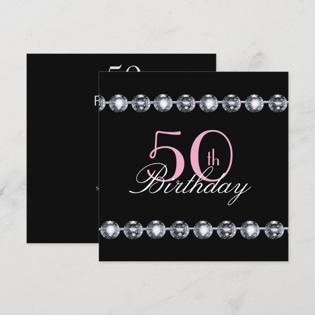 Invitación 50.º cumpleaños con Purpurina rosado y diamantes i (Anverso / Reverso)