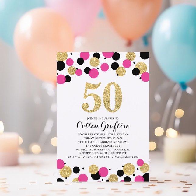 Invitación 50.º cumpleaños Confetti Purpurina de oro negro y  (Subido por el creador)