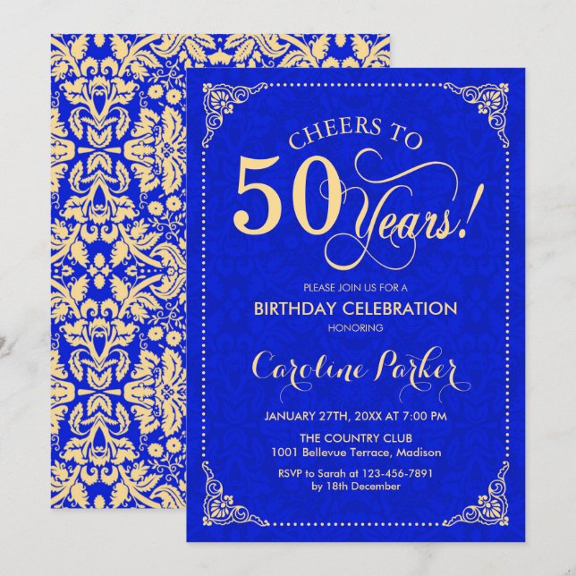 Invitación 50.º cumpleaños - Damasco azul real de oro (Anverso / Reverso)